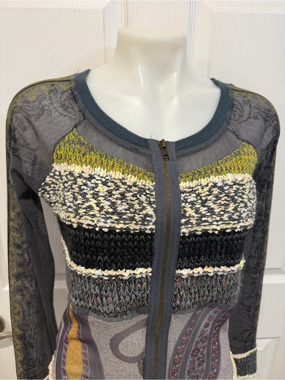 LULU-H vintage Y2K sheer knit mix zip up long sleeve top Medium - Picture 3 of 8